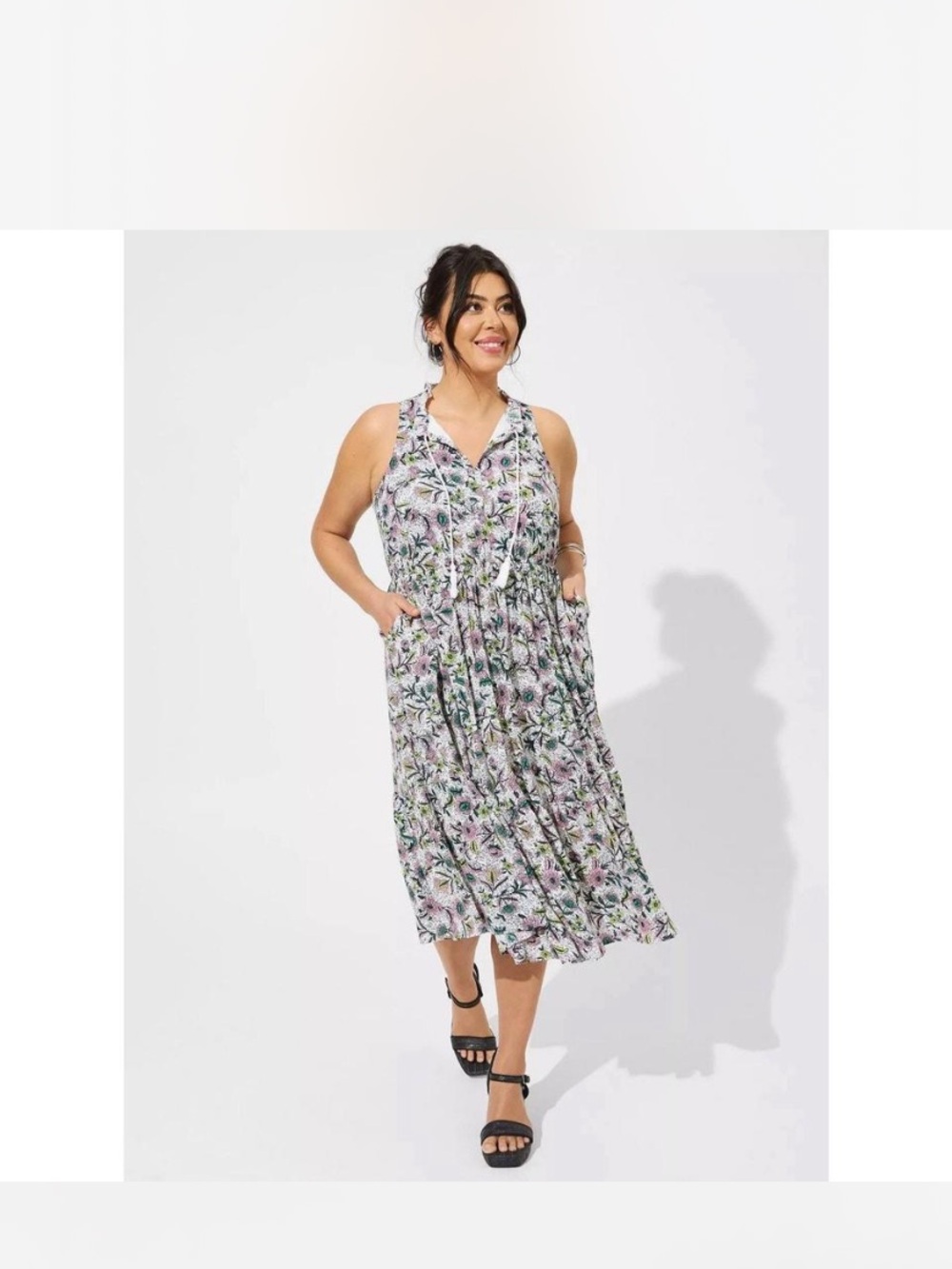 torrid White Floral Midi Dress with Green and Purple Accents